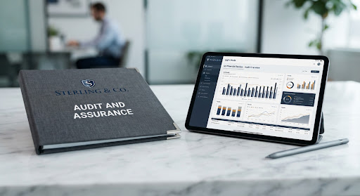 Audit and assurance folder with financial charts on a tablet