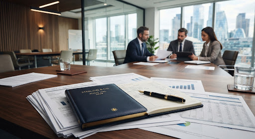 Audit ledger and fountain pen on financial statements